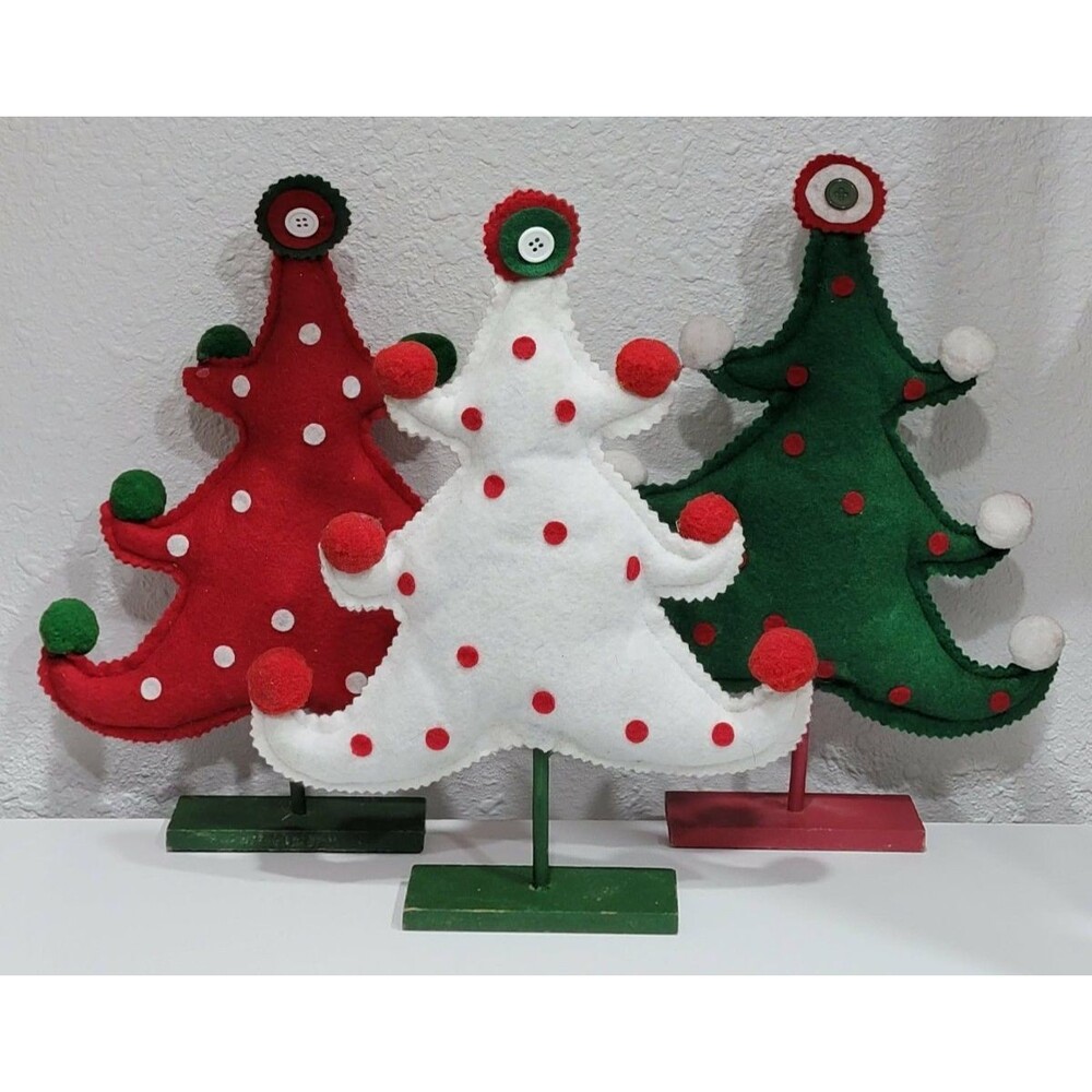 Vintage Hand Sewn Felt Plush Christmas Trees Wood Stand Handmade Decor
